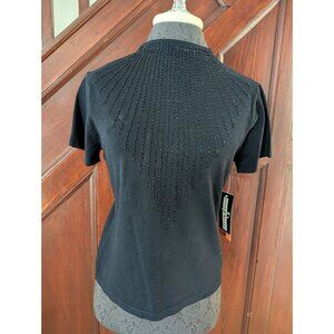 John Roberts Black Beaded Short Sleeve Silk Blend Top Size 14 NWT